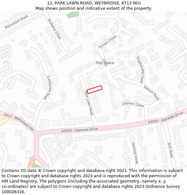 12, PARK LAWN ROAD, WEYBRIDGE, KT13 9EU: Location map and indicative extent of plot
