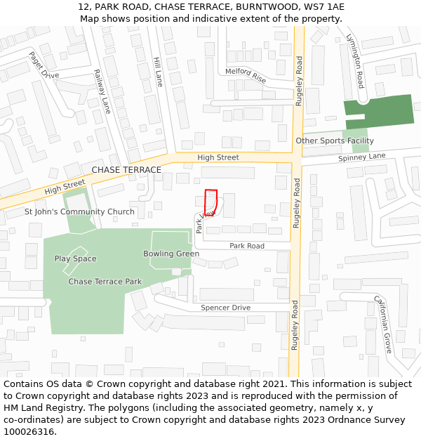 12, PARK ROAD, CHASE TERRACE, BURNTWOOD, WS7 1AE: Location map and indicative extent of plot