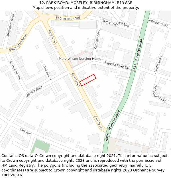 12, PARK ROAD, MOSELEY, BIRMINGHAM, B13 8AB: Location map and indicative extent of plot