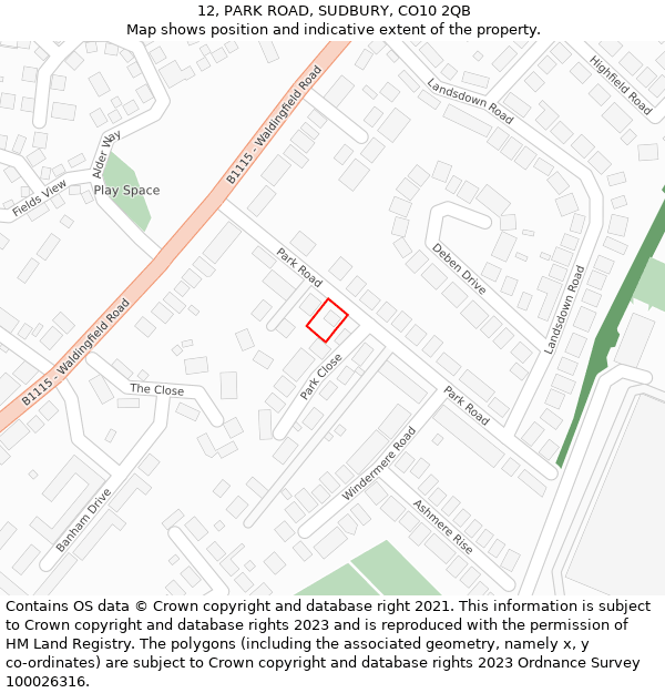 12, PARK ROAD, SUDBURY, CO10 2QB: Location map and indicative extent of plot