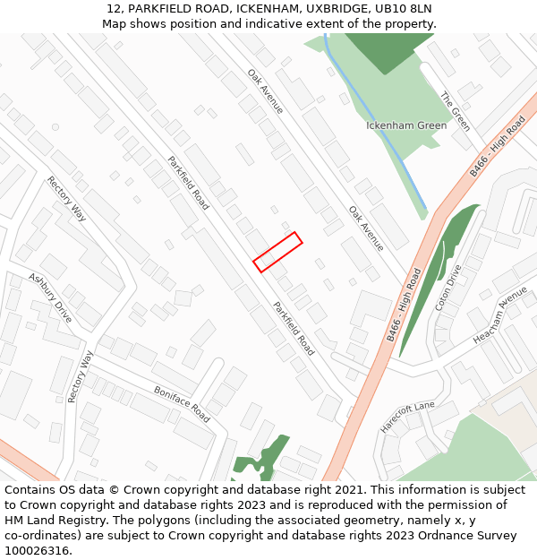 12, PARKFIELD ROAD, ICKENHAM, UXBRIDGE, UB10 8LN: Location map and indicative extent of plot