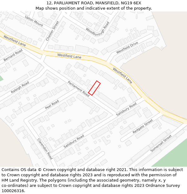 12, PARLIAMENT ROAD, MANSFIELD, NG19 6EX: Location map and indicative extent of plot