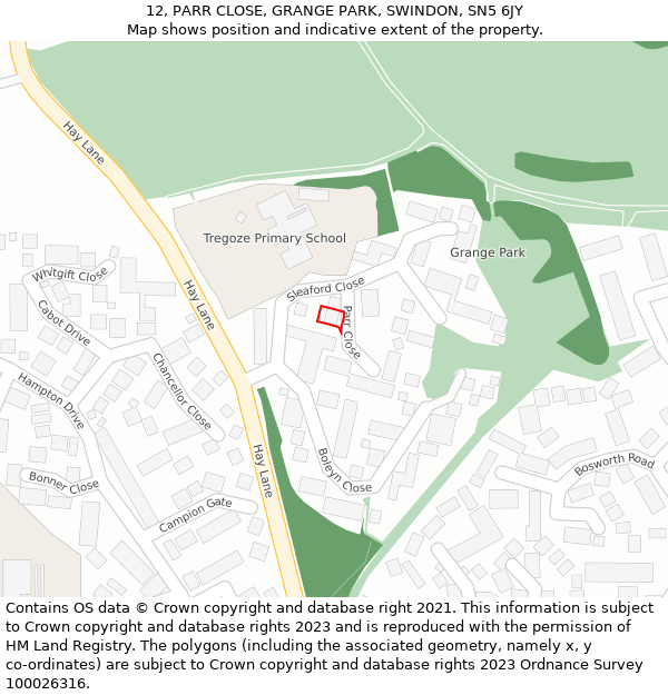 12, PARR CLOSE, GRANGE PARK, SWINDON, SN5 6JY: Location map and indicative extent of plot