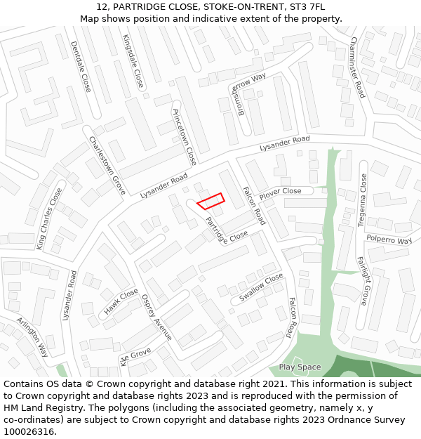 12, PARTRIDGE CLOSE, STOKE-ON-TRENT, ST3 7FL: Location map and indicative extent of plot
