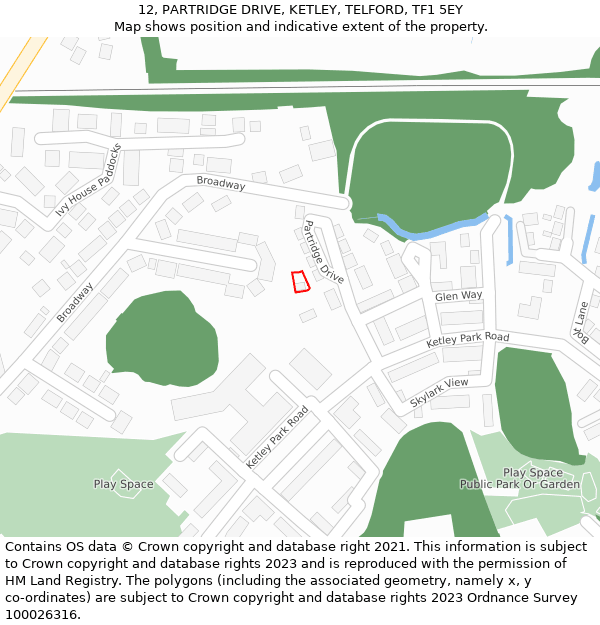12, PARTRIDGE DRIVE, KETLEY, TELFORD, TF1 5EY: Location map and indicative extent of plot