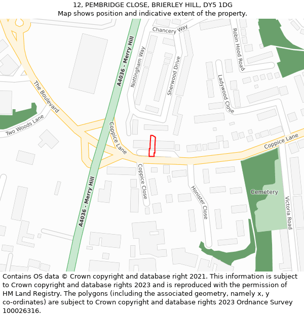 12, PEMBRIDGE CLOSE, BRIERLEY HILL, DY5 1DG: Location map and indicative extent of plot