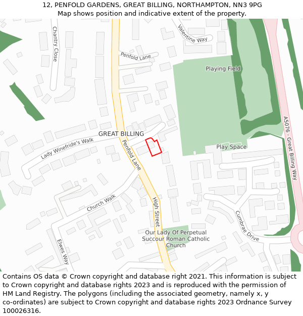 12, PENFOLD GARDENS, GREAT BILLING, NORTHAMPTON, NN3 9PG: Location map and indicative extent of plot