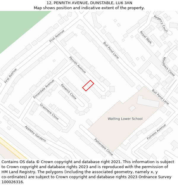 12, PENRITH AVENUE, DUNSTABLE, LU6 3AN: Location map and indicative extent of plot