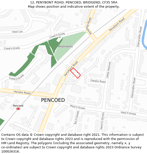 12, PENYBONT ROAD, PENCOED, BRIDGEND, CF35 5RA: Location map and indicative extent of plot