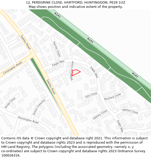 12, PEREGRINE CLOSE, HARTFORD, HUNTINGDON, PE29 1UZ: Location map and indicative extent of plot