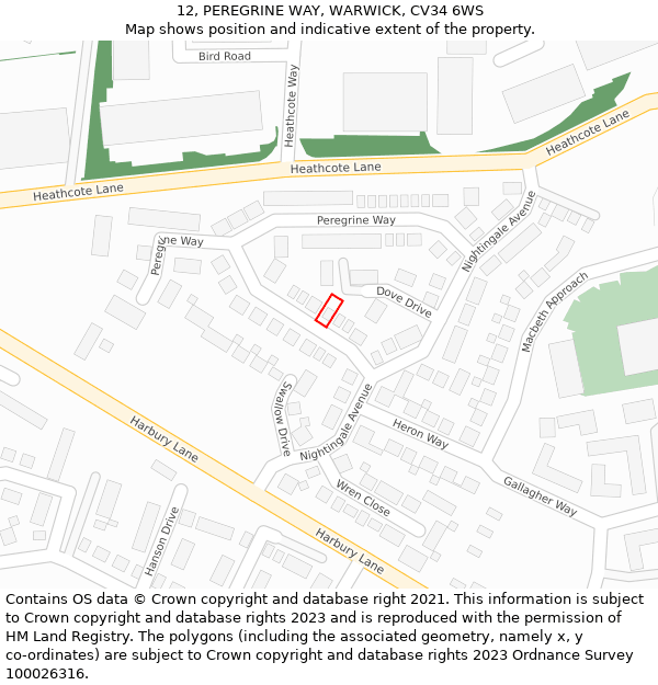 12, PEREGRINE WAY, WARWICK, CV34 6WS: Location map and indicative extent of plot