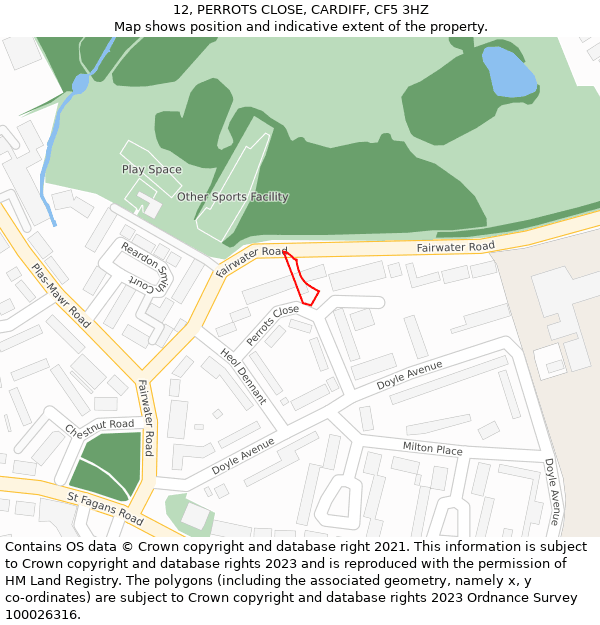 12, PERROTS CLOSE, CARDIFF, CF5 3HZ: Location map and indicative extent of plot