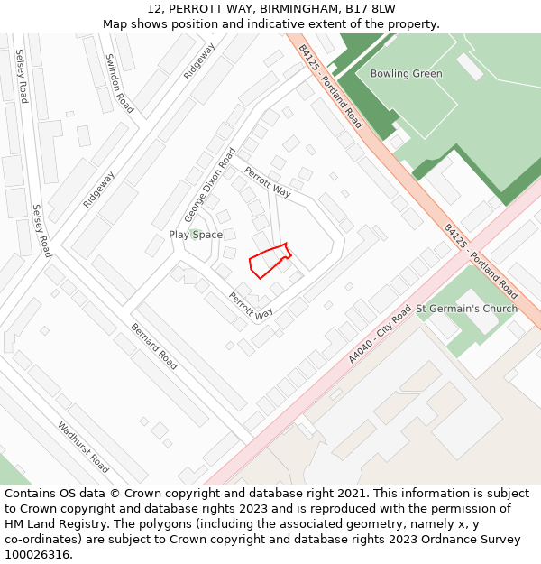 12, PERROTT WAY, BIRMINGHAM, B17 8LW: Location map and indicative extent of plot