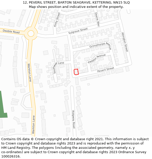 12, PEVERIL STREET, BARTON SEAGRAVE, KETTERING, NN15 5LQ: Location map and indicative extent of plot