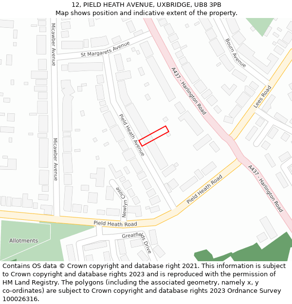12, PIELD HEATH AVENUE, UXBRIDGE, UB8 3PB: Location map and indicative extent of plot