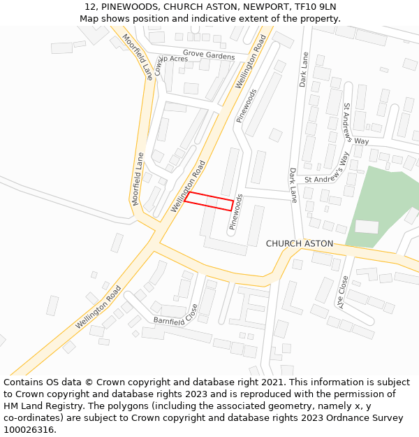 12, PINEWOODS, CHURCH ASTON, NEWPORT, TF10 9LN: Location map and indicative extent of plot