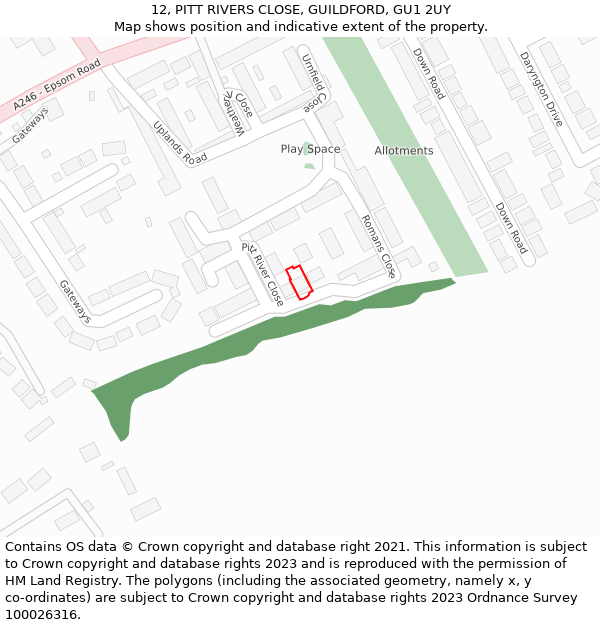 12, PITT RIVERS CLOSE, GUILDFORD, GU1 2UY: Location map and indicative extent of plot