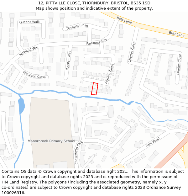 12, PITTVILLE CLOSE, THORNBURY, BRISTOL, BS35 1SD: Location map and indicative extent of plot