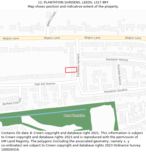 12, PLANTATION GARDENS, LEEDS, LS17 8RY: Location map and indicative extent of plot