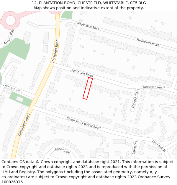 12, PLANTATION ROAD, CHESTFIELD, WHITSTABLE, CT5 3LG: Location map and indicative extent of plot