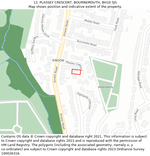 12, PLASSEY CRESCENT, BOURNEMOUTH, BH10 5JS: Location map and indicative extent of plot