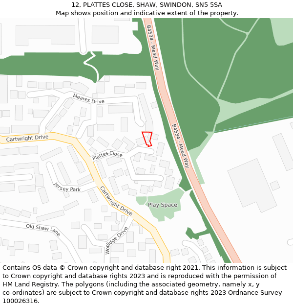 12, PLATTES CLOSE, SHAW, SWINDON, SN5 5SA: Location map and indicative extent of plot