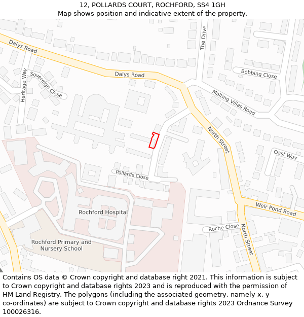 12, POLLARDS COURT, ROCHFORD, SS4 1GH: Location map and indicative extent of plot