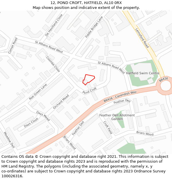 12, POND CROFT, HATFIELD, AL10 0RX: Location map and indicative extent of plot