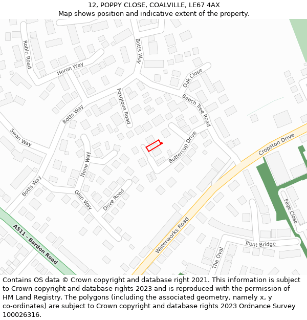 12, POPPY CLOSE, COALVILLE, LE67 4AX: Location map and indicative extent of plot