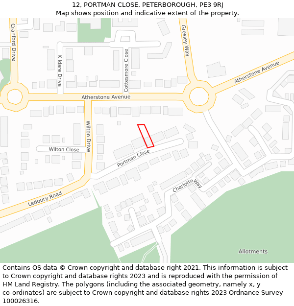 12, PORTMAN CLOSE, PETERBOROUGH, PE3 9RJ: Location map and indicative extent of plot