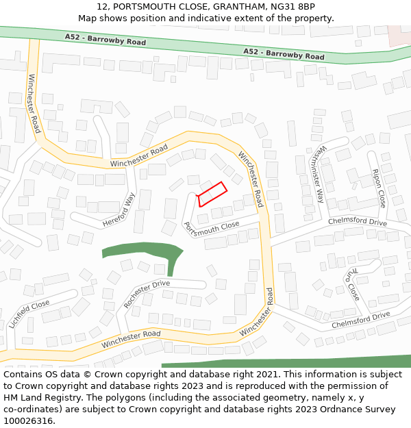 12, PORTSMOUTH CLOSE, GRANTHAM, NG31 8BP: Location map and indicative extent of plot