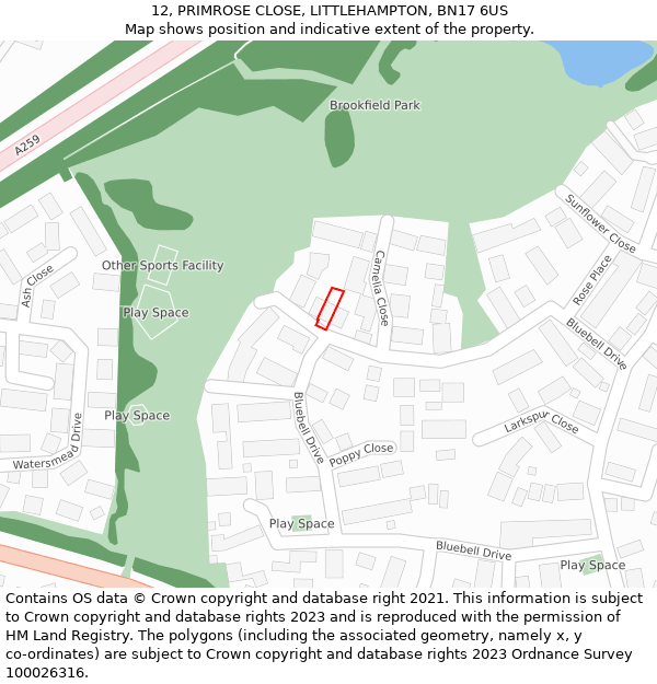 12, PRIMROSE CLOSE, LITTLEHAMPTON, BN17 6US: Location map and indicative extent of plot
