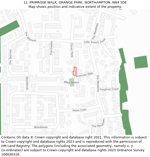 12, PRIMROSE WALK, GRANGE PARK, NORTHAMPTON, NN4 5DE: Location map and indicative extent of plot