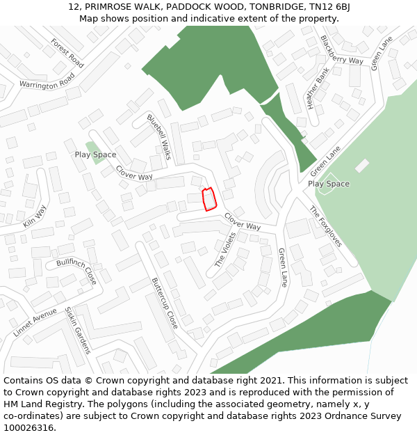 12, PRIMROSE WALK, PADDOCK WOOD, TONBRIDGE, TN12 6BJ: Location map and indicative extent of plot