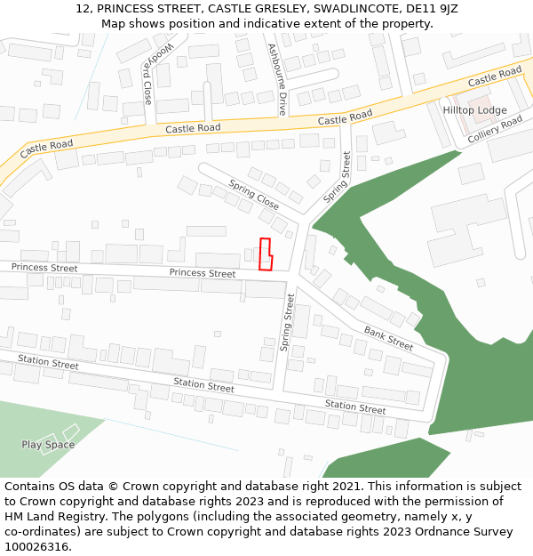 12, PRINCESS STREET, CASTLE GRESLEY, SWADLINCOTE, DE11 9JZ: Location map and indicative extent of plot