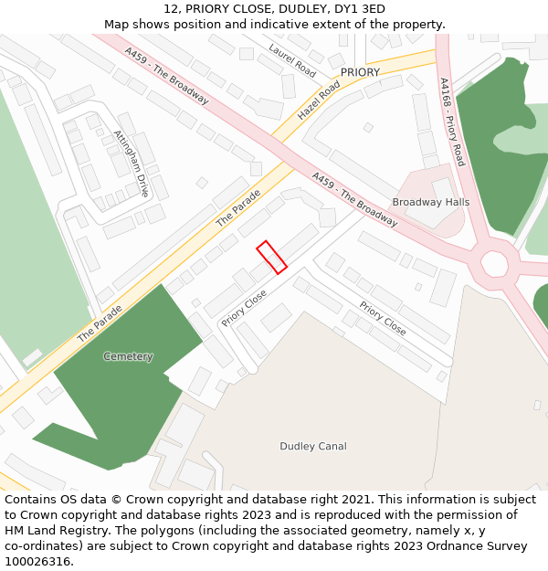 12, PRIORY CLOSE, DUDLEY, DY1 3ED: Location map and indicative extent of plot