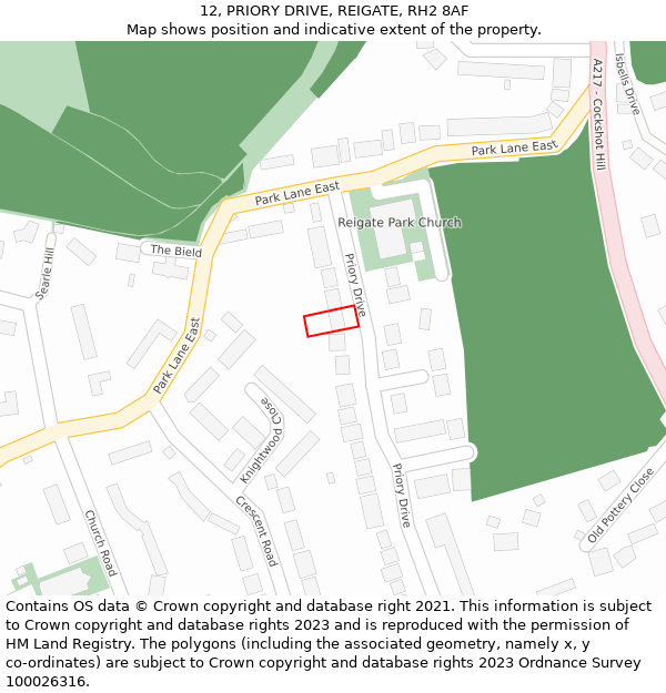 12, PRIORY DRIVE, REIGATE, RH2 8AF: Location map and indicative extent of plot