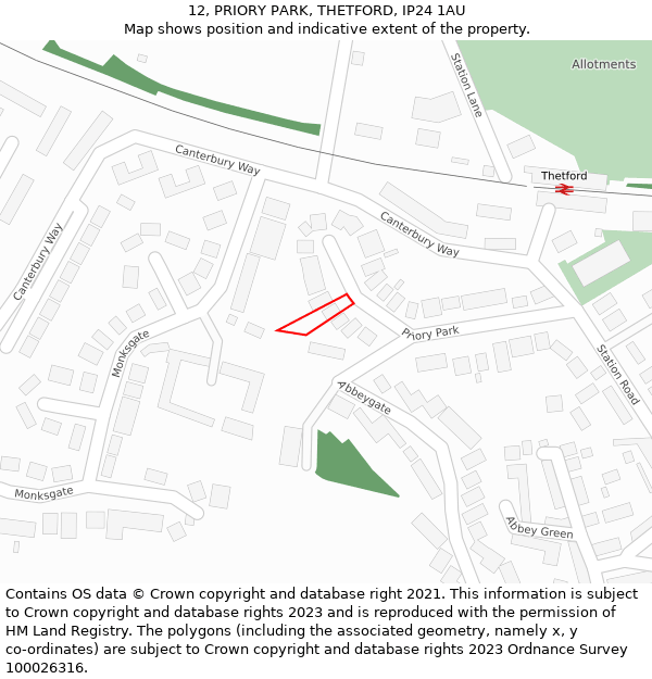 12, PRIORY PARK, THETFORD, IP24 1AU: Location map and indicative extent of plot