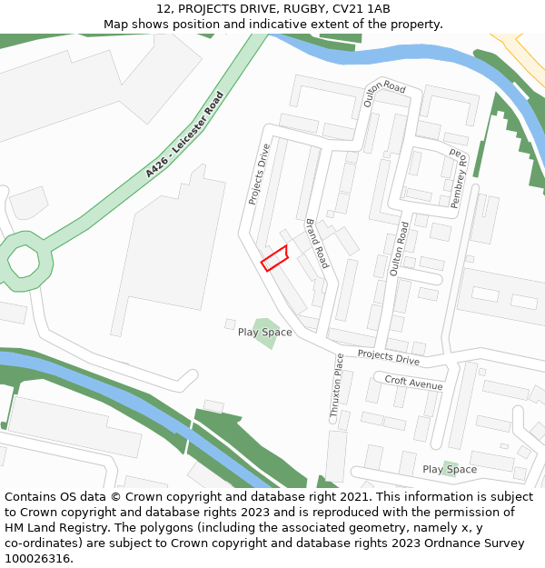 12, PROJECTS DRIVE, RUGBY, CV21 1AB: Location map and indicative extent of plot