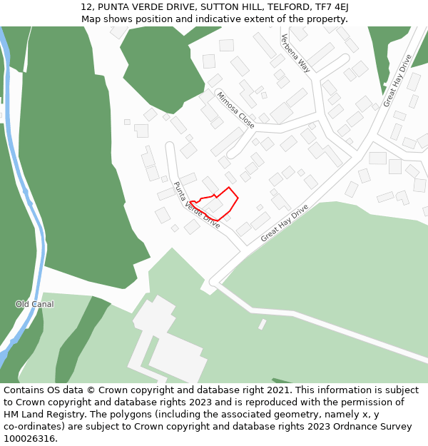 12, PUNTA VERDE DRIVE, SUTTON HILL, TELFORD, TF7 4EJ: Location map and indicative extent of plot
