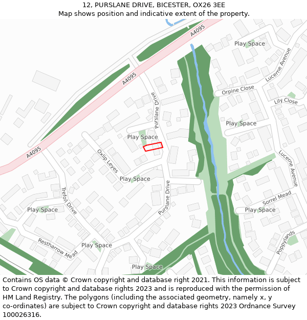 12, PURSLANE DRIVE, BICESTER, OX26 3EE: Location map and indicative extent of plot