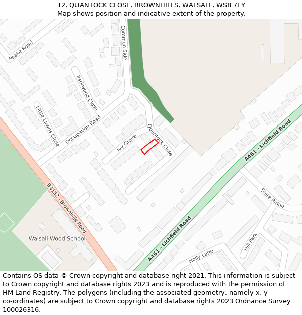 12, QUANTOCK CLOSE, BROWNHILLS, WALSALL, WS8 7EY: Location map and indicative extent of plot