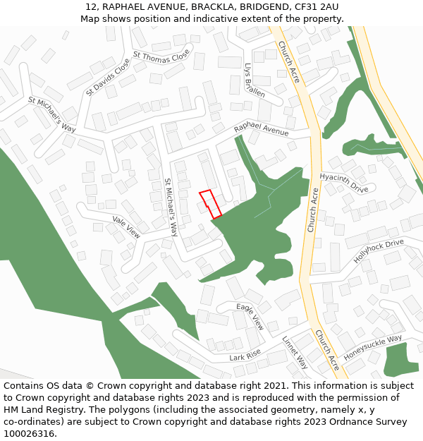 12, RAPHAEL AVENUE, BRACKLA, BRIDGEND, CF31 2AU: Location map and indicative extent of plot