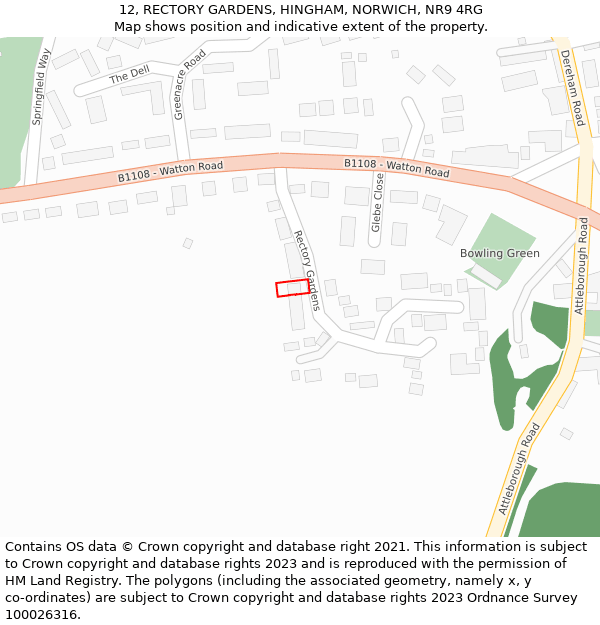 12, RECTORY GARDENS, HINGHAM, NORWICH, NR9 4RG: Location map and indicative extent of plot