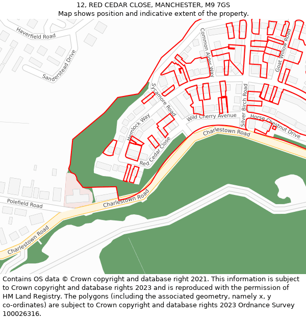 12, RED CEDAR CLOSE, MANCHESTER, M9 7GS: Location map and indicative extent of plot