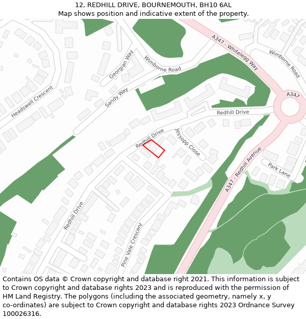 12, REDHILL DRIVE, BOURNEMOUTH, BH10 6AL: Location map and indicative extent of plot