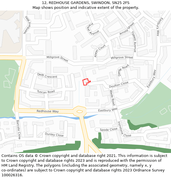 12, REDHOUSE GARDENS, SWINDON, SN25 2FS: Location map and indicative extent of plot