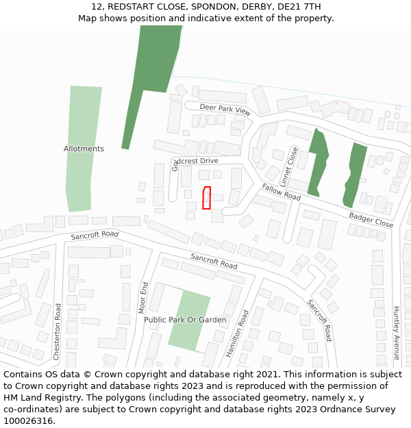 12, REDSTART CLOSE, SPONDON, DERBY, DE21 7TH: Location map and indicative extent of plot