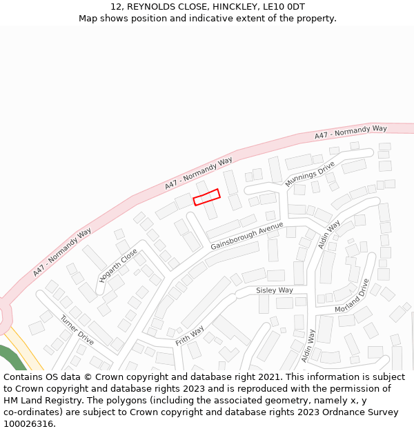 12, REYNOLDS CLOSE, HINCKLEY, LE10 0DT: Location map and indicative extent of plot