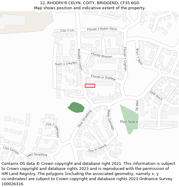 12, RHODFA'R CELYN, COITY, BRIDGEND, CF35 6GD: Location map and indicative extent of plot